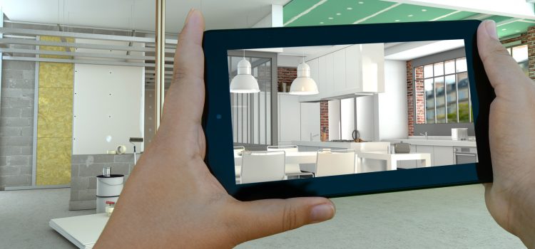 3D rendering of an interior construction site with a tablet showing the finished kitchen